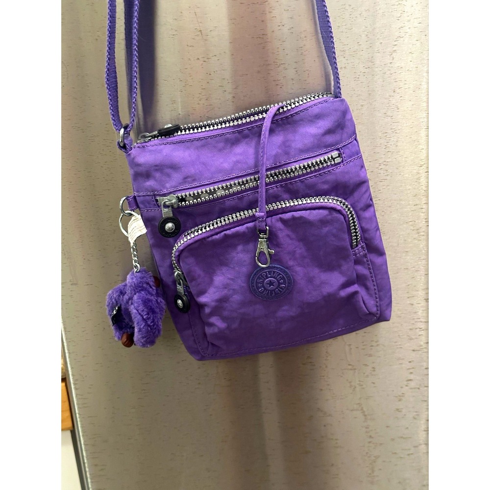 Kipling Purple Crossbody Bag Zip Closure Adjustable Strap Lined Monkey Charm